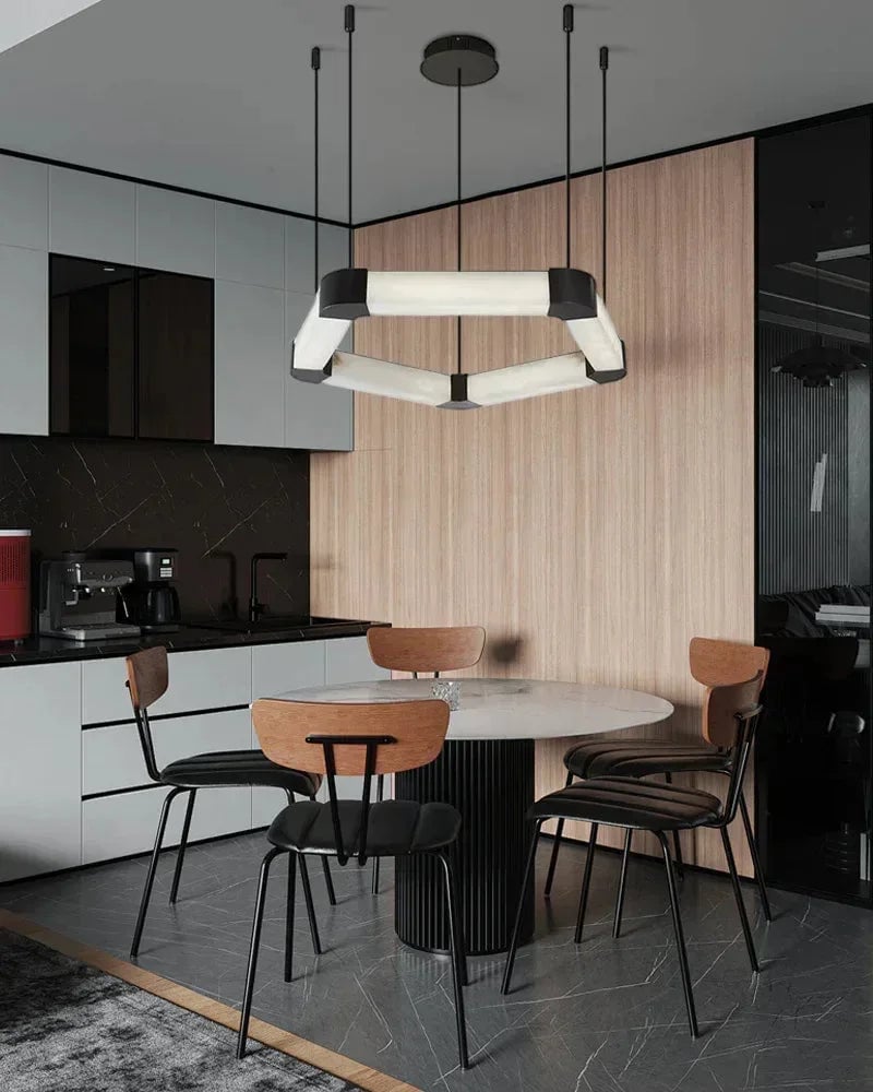 LightsStory Series Geometric Pendant Light | Pentagonal Linear Spanish Marble and Polished Stainless Steel, Polished Stainless Steel for Dining Rooms, Lobbies, and Offices American Vintage chandelier lamp