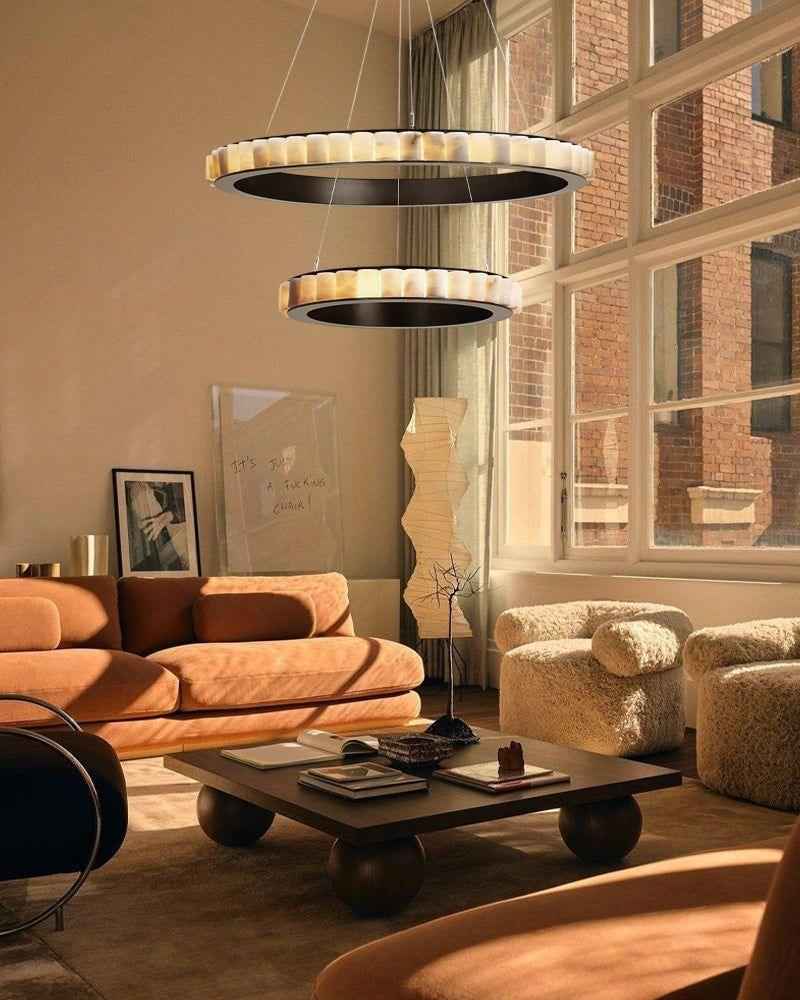 LightsStory Series Geometric Pendant Light | Round Ring Hand-finished natural alabaster columns and sustainable marble detailing, Black and glossy gold finish for Entryways and dining areas American chandelier