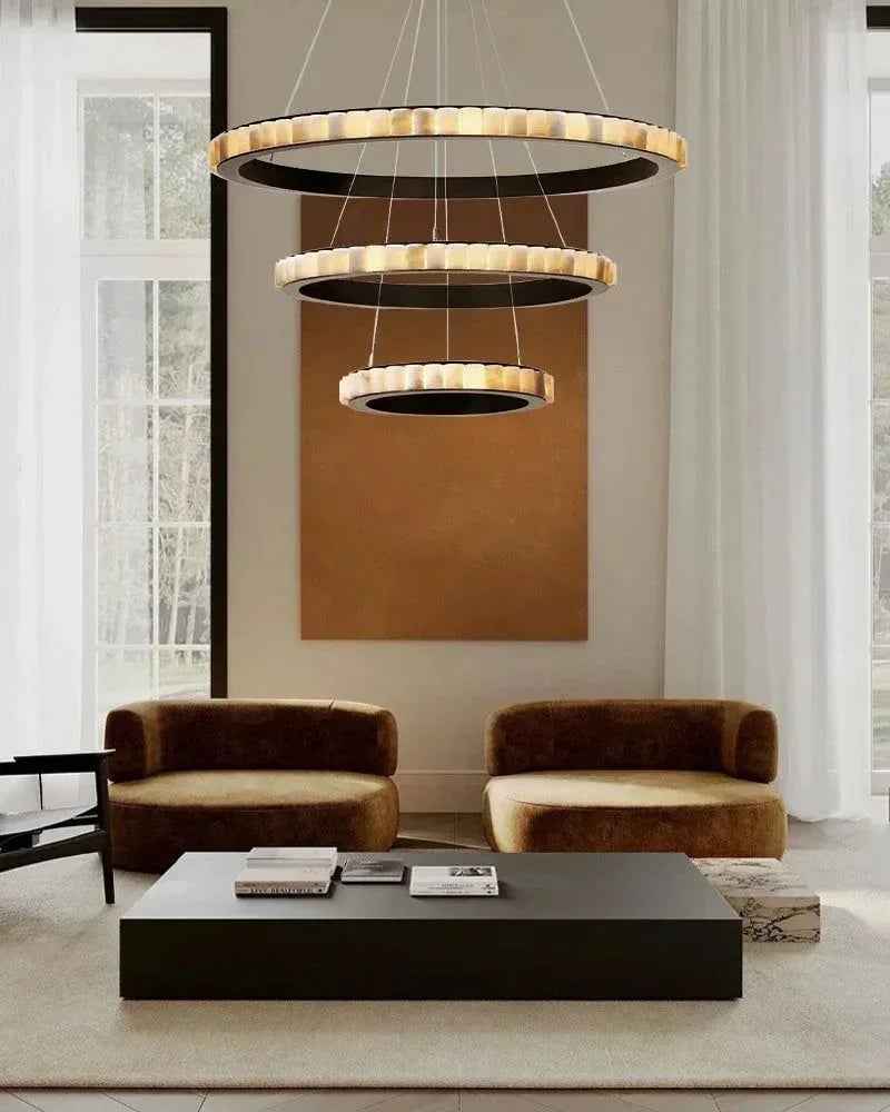 LightsStory Series Geometric Pendant Light | Round Ring Hand-finished natural alabaster columns and sustainable marble detailing, Black and glossy gold finish for Entryways and dining areas American chandelier