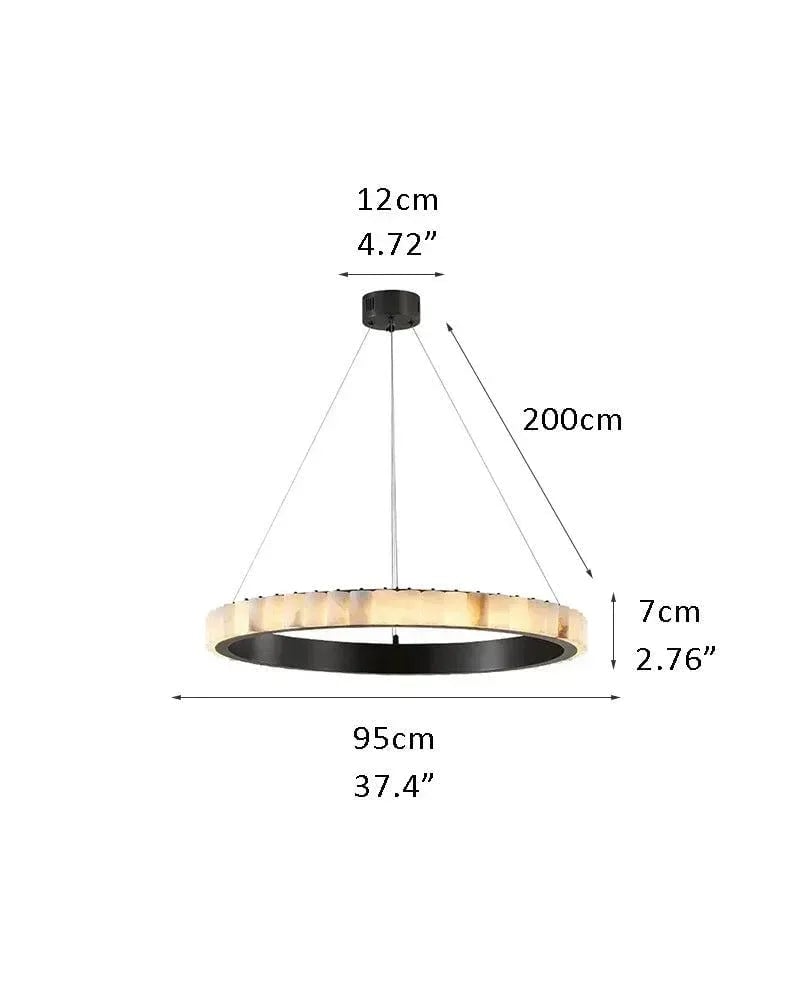 LightsStory Series Geometric Pendant Light | Round Ring Hand-finished natural alabaster columns and sustainable marble detailing, Black and glossy gold finish for Entryways and dining areas D95*H7CM D37.4*H2.76" Black + White American chandelier