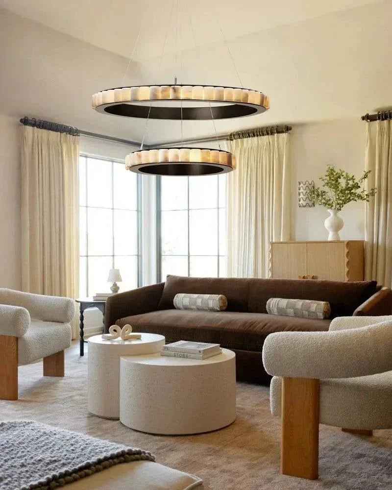 LightsStory Series Geometric Pendant Light | Round Ring Hand-finished natural alabaster columns and sustainable marble detailing, Black and glossy gold finish for Entryways and dining areas American chandelier