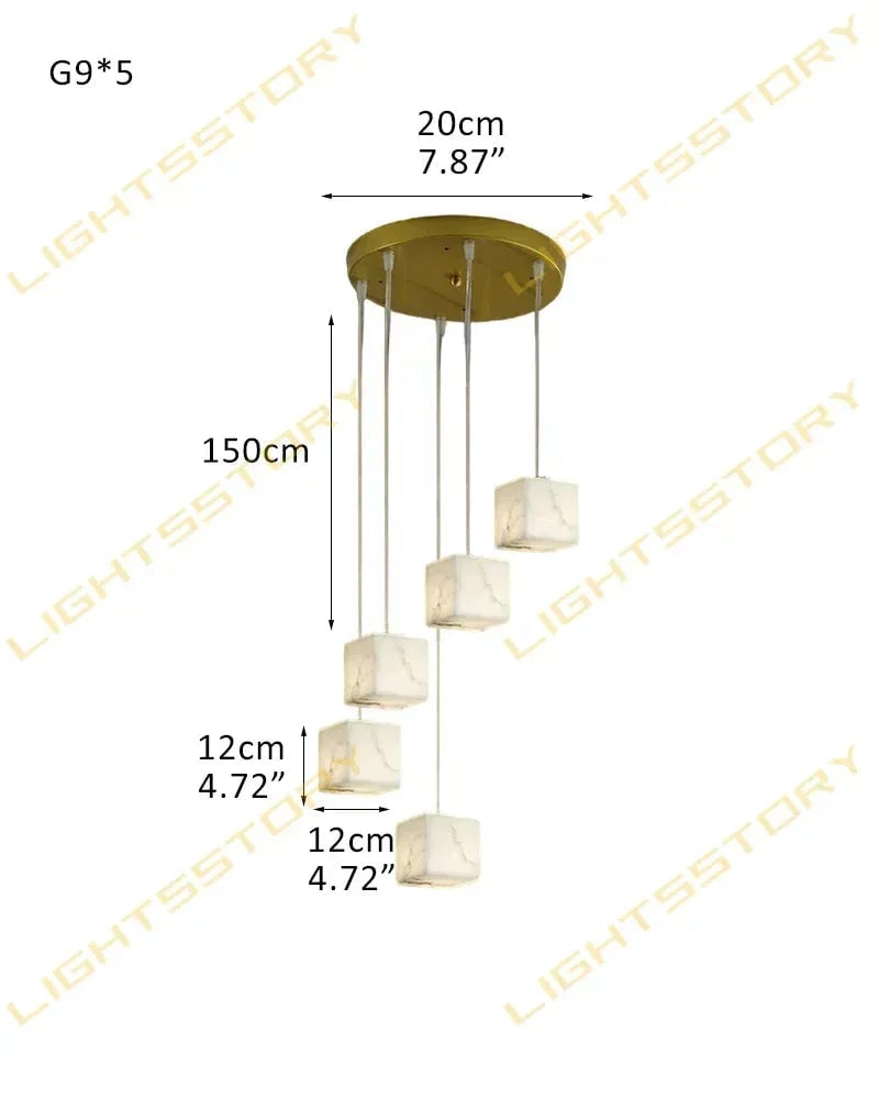 LightsStory Series Geometric Pendant Light | Square Cube Cluster Natural Spanish Alabaster, Natural Stone Texture for Modern Living Rooms and Dining Areas 5-light-D12*H12cm D4.72*H4.72" White + Brass Modern Pendant lamp