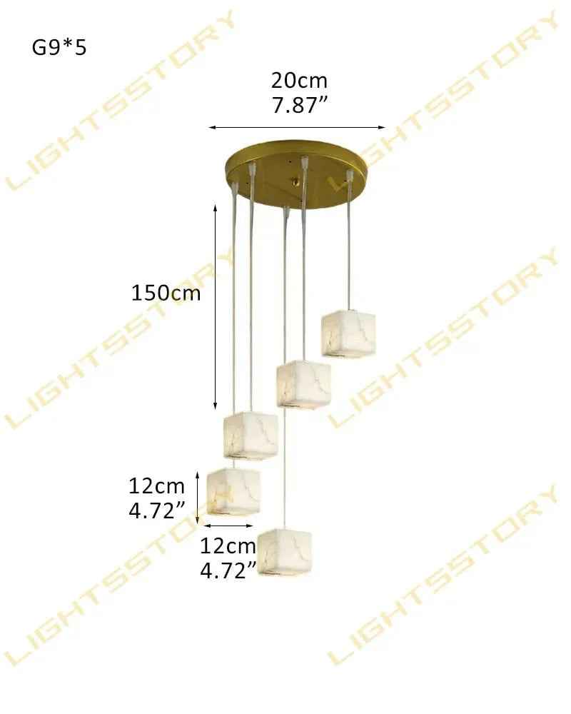 LightsStory Series Geometric Pendant Light | Square Cube Cluster Natural Spanish Alabaster, Natural Stone Texture for Dining Rooms and Modern Living Spaces 5-light-D12*H12cm D4.72*H4.72" White + Gold Modern Pendant lamp