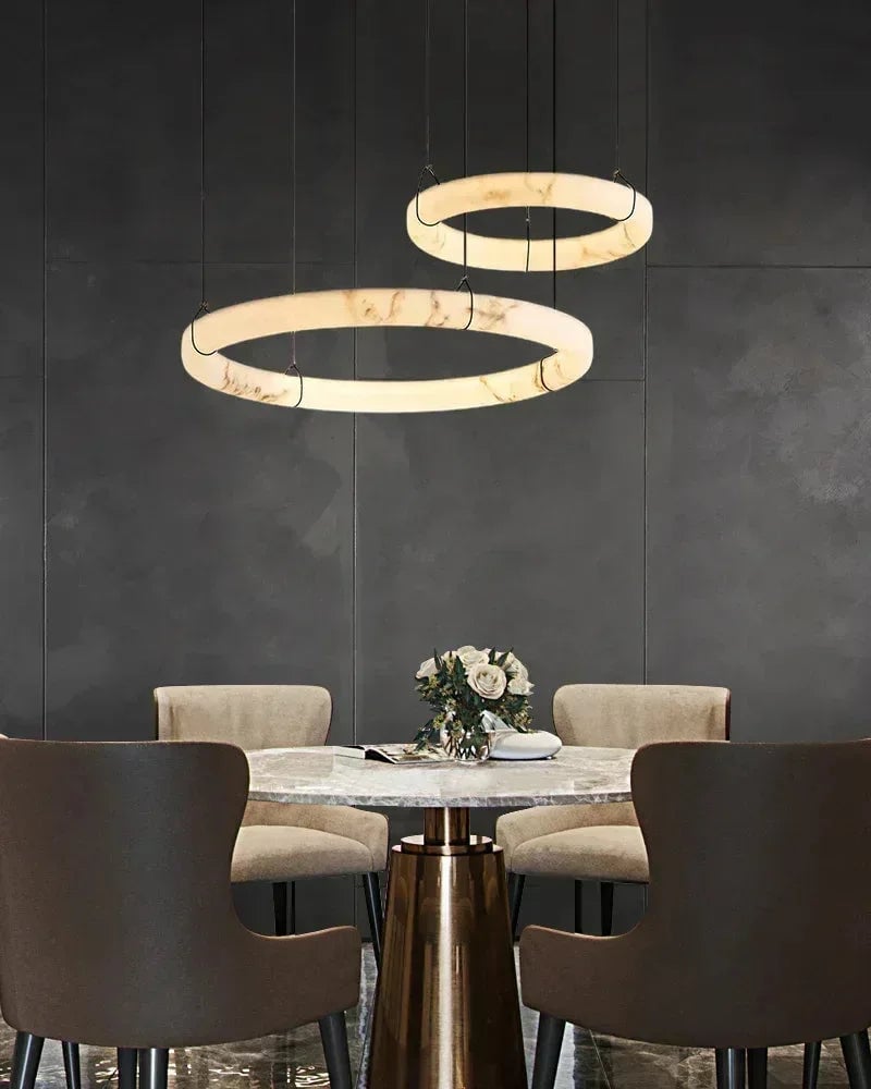 LightsStory Series Geometric Pendant Light | Triple Ring Natural Alabaster and Durable Metal, Matte Black finish for Kitchen Islands and Dining Rooms Vintage Simple Pendant Lamp