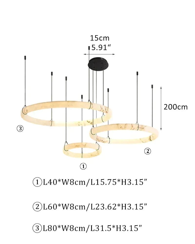 LightsStory Series Geometric Pendant Light | Triple Ring Natural Alabaster and Matte Black Metal, Matte Black finish for Kitchen Islands and Dining Rooms A-L40+60+80CM L15.75“+L23.62"+L31.5" White + Black Modern Pendant lamp