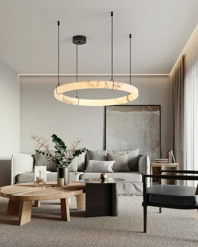 LightsStory Series Geometric Pendant Light | Triple Ring Natural Alabaster and Durable Metal, Matte Black finish for Kitchen Islands and Dining Rooms Vintage Simple Pendant Lamp
