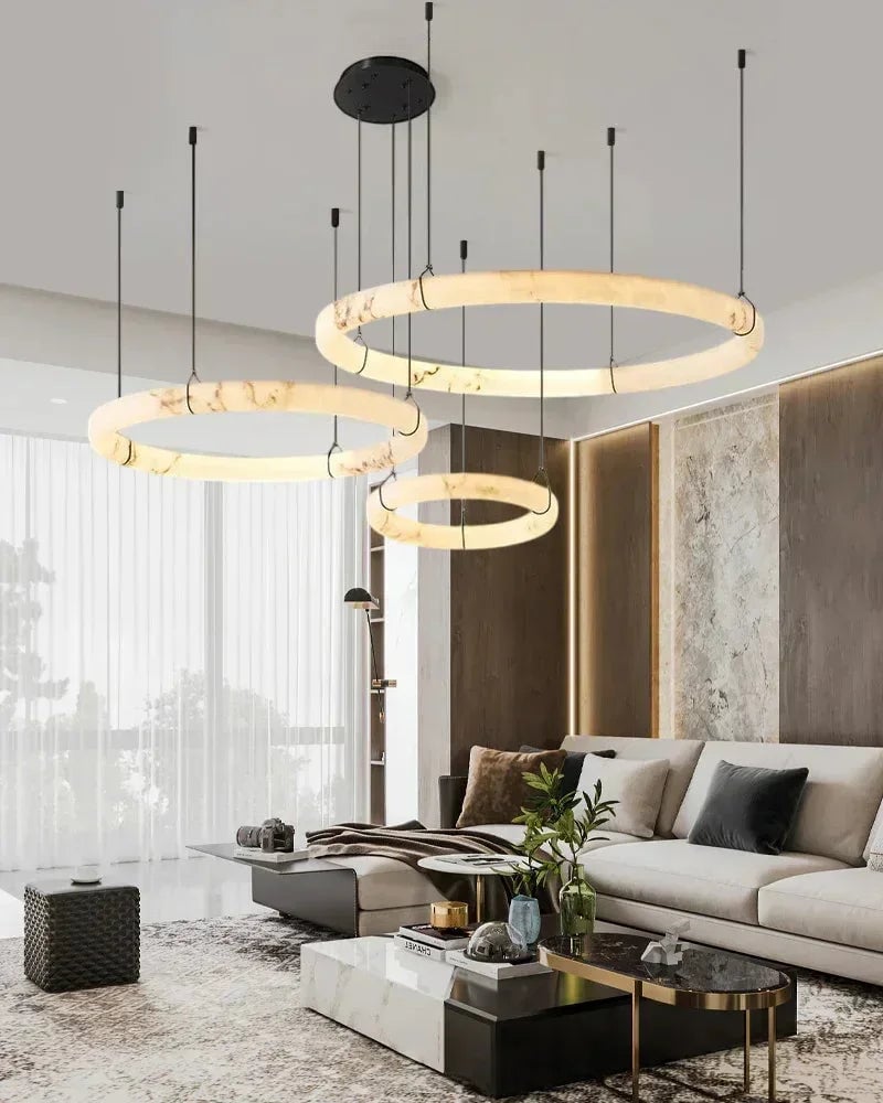 LightsStory Series Geometric Pendant Light | Triple Ring Natural Alabaster and Durable Metal, Matte Black finish for Kitchen Islands and Dining Rooms Vintage Simple Pendant Lamp