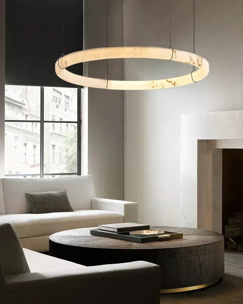LightsStory Series Geometric Pendant Light | Triple Ring Natural Alabaster and Matte Black Metal, Matte Black finish for Kitchen Islands and Dining Rooms Modern Pendant lamp