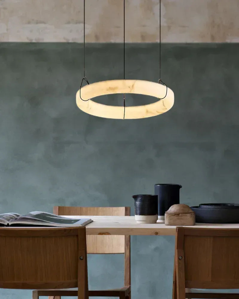 LightsStory Series Geometric Pendant Light | Triple Ring Natural Alabaster and Durable Metal, Matte Black finish for Kitchen Islands and Dining Rooms Vintage Simple Pendant Lamp