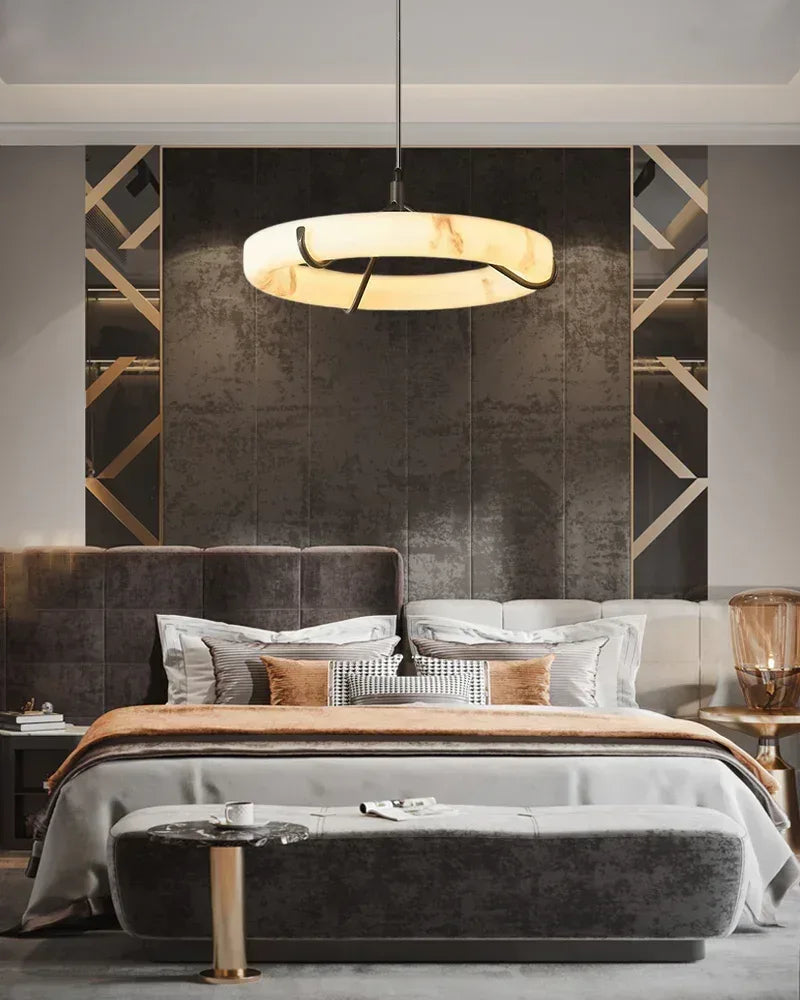 LightsStory Series Geometric Pendant Light | Triple Ring Natural Alabaster and Matte Black Metal, Matte Black finish for Kitchen Islands and Dining Rooms Modern Pendant lamp