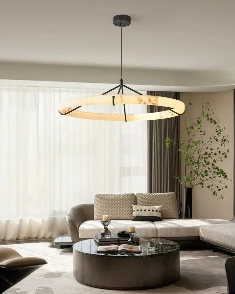 LightsStory Series Geometric Pendant Light | Triple Ring Textured Natural Alabaster and Durable Metal, Matte Black finish for Kitchen Islands and Dining Areas Vintage Simple Pendant Lamp