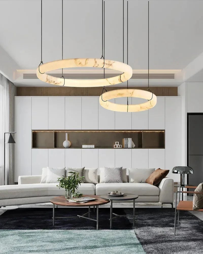 LightsStory Series Geometric Pendant Light | Triple Ring Textured Natural Alabaster and Durable Metal, Matte Black finish for Kitchen Islands and Dining Areas Vintage Simple Pendant Lamp
