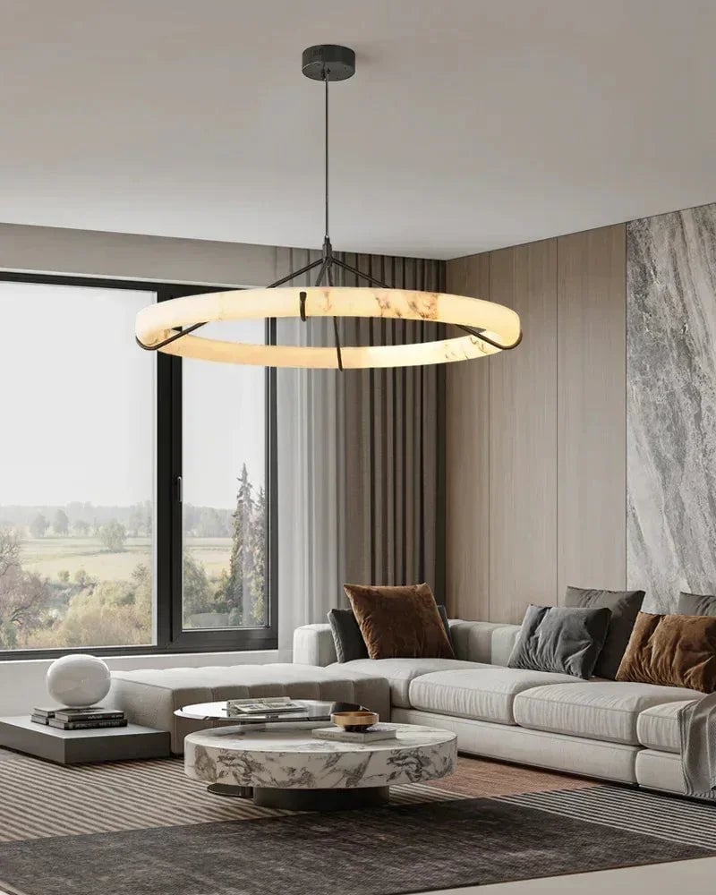 LightsStory Series Geometric Pendant Light | Triple Round Ring Natural Alabaster and Durable Metal, Matte Black finish for Kitchen Islands and Dining Rooms Vintage Simple Pendant Lamp