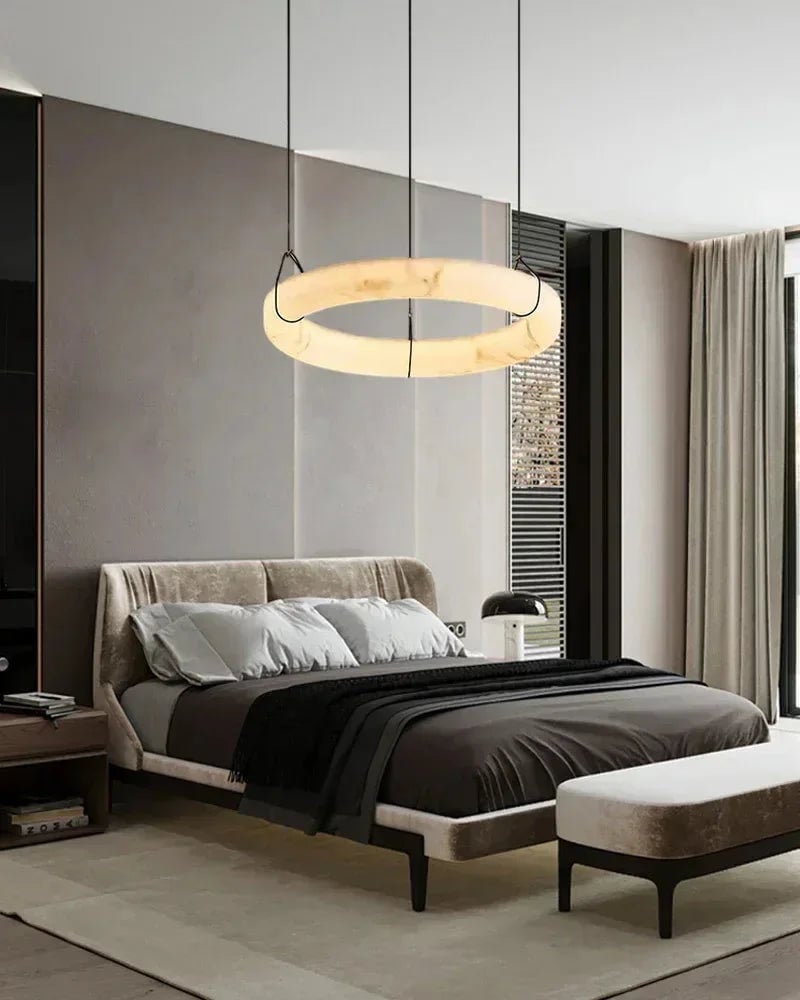 LightsStory Series Geometric Pendant Light | Triple Round Ring Natural Alabaster and Durable Metal, Matte Black finish for Kitchen Islands and Dining Rooms Vintage Simple Pendant Lamp