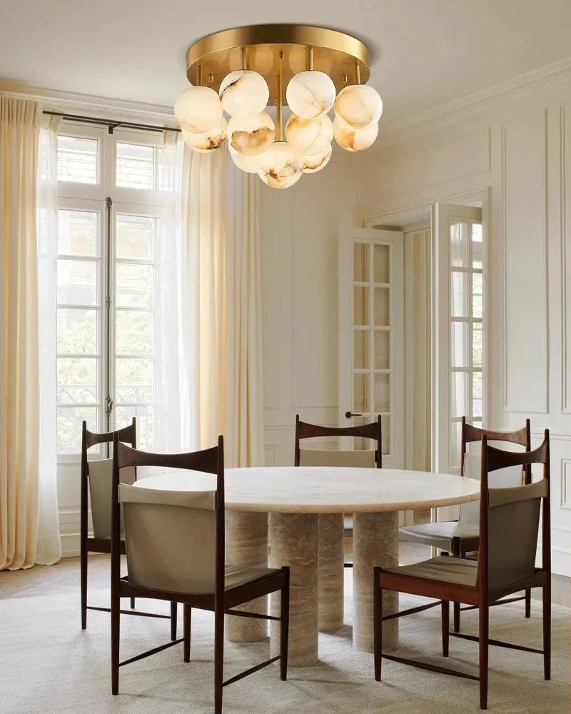 LightsStory Series Geometric Semi-Flush Ceiling Light | Dome Faux Alabaster ring and etched Opal stone globe, Soft Brass finish for Dining rooms, bedrooms, living spaces, and entryways Flush Mounted Ceiling Lamp