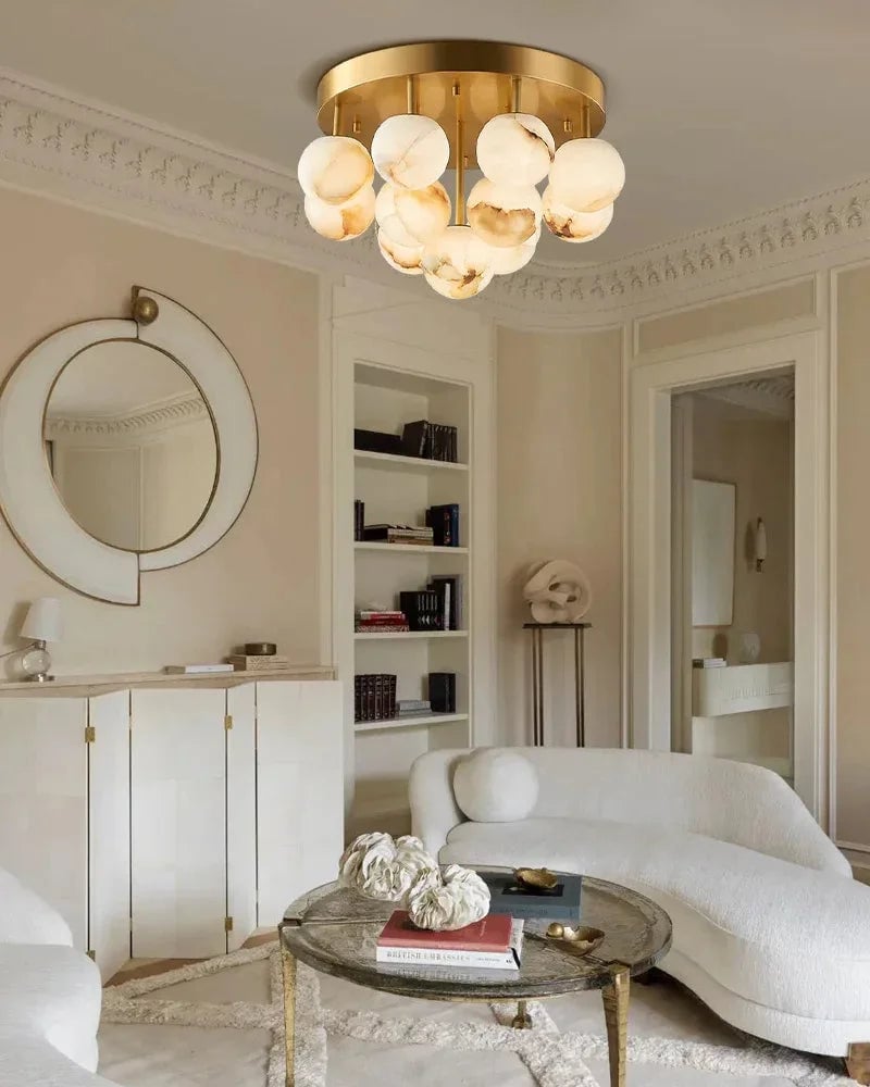 LightsStory Series Geometric Semi-Flush Ceiling Light | Dome Faux Alabaster ring and etched Opal stone globe, Soft Brass finish for Dining rooms, bedrooms, living spaces, and entryways Flush Mounted Ceiling Lamp