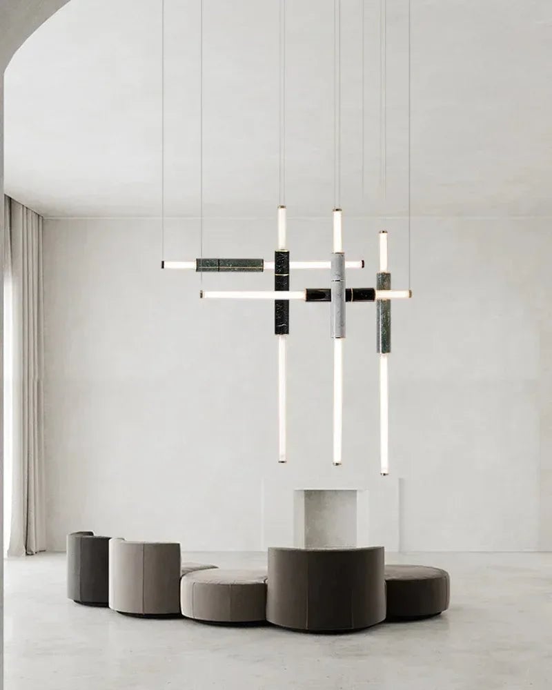 LightsStory Series Geometric Suspension Light | Four-Pipe Linear Polished marble and frosted glass with solid brass and aluminum, Silver Anodised, Green, and Black finish for Living and Dining Spaces Modern Pendant lamp
