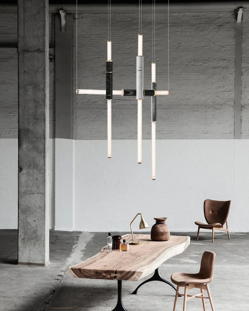 LightsStory Series Geometric Suspension Light | Four-Pipe Linear Polished marble and frosted glass with solid brass and aluminum, Silver Anodised, Green, and Black finish for Living and Dining Spaces Modern Pendant lamp