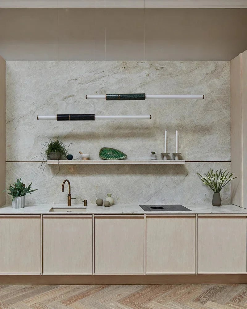 LightsStory Series Geometric Suspension Light | Four-Pipe Linear Polished marble and frosted glass with solid brass and aluminum, Silver Anodised, Green, and Black finish for Living and Dining Spaces Modern Pendant lamp