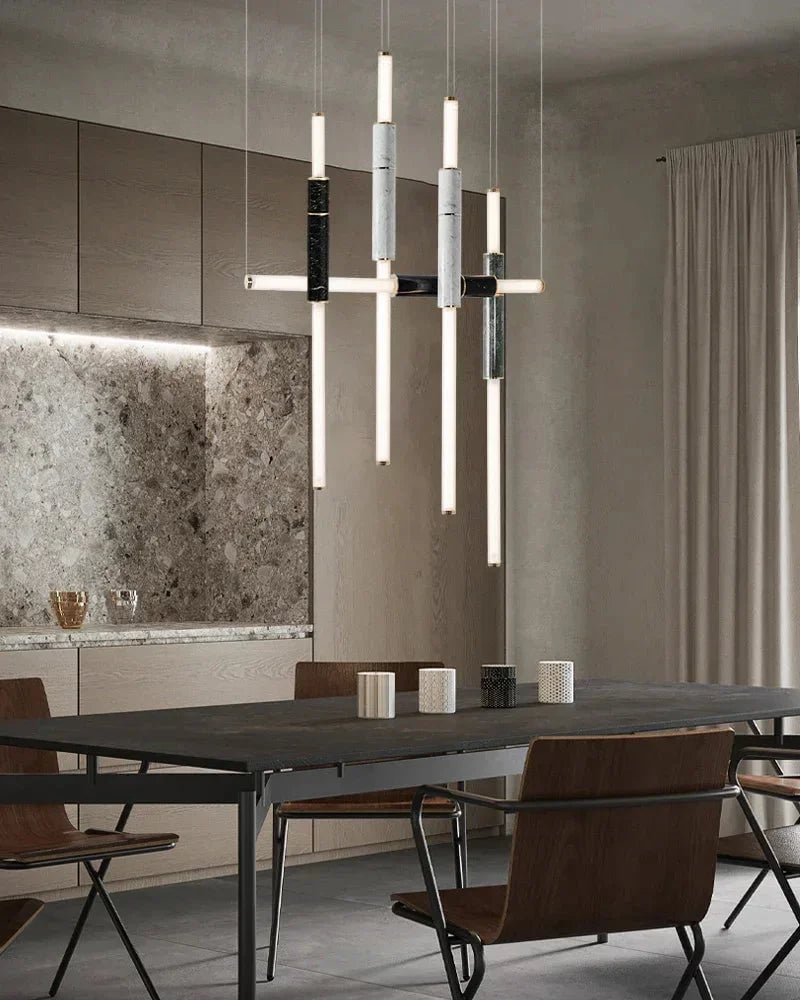 LightsStory Series Geometric Suspension Light | Four-Pipe Linear Polished marble and frosted glass with solid brass and aluminum, Silver Anodised, Green, and Black finish for Living and Dining Spaces Modern Pendant lamp