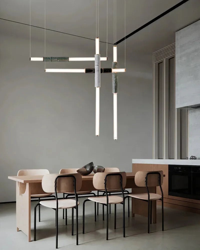 LightsStory Series Geometric Suspension Light | Four-Pipe Linear Polished marble and frosted glass with solid brass and aluminum, Silver Anodised, Green, and Black finish for Living and Dining Spaces Modern Pendant lamp