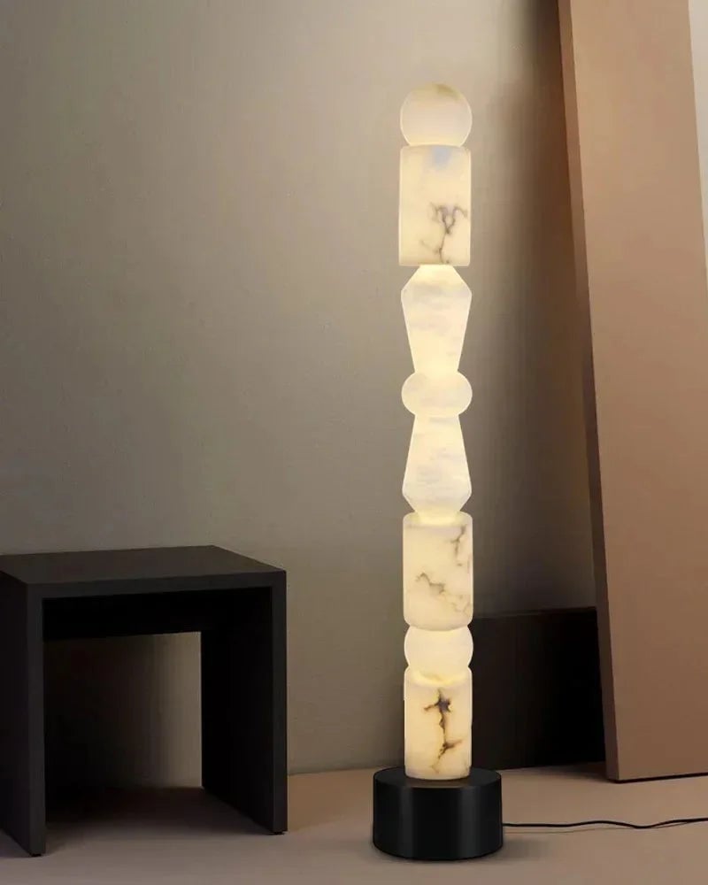 LightsStory Series Geometric Table Lamp | 5-Tier Hand-stacked White Alabaster and Black Marble Base, Natural Stone finish for Living rooms and bedrooms Modern Designer Floor Lamp