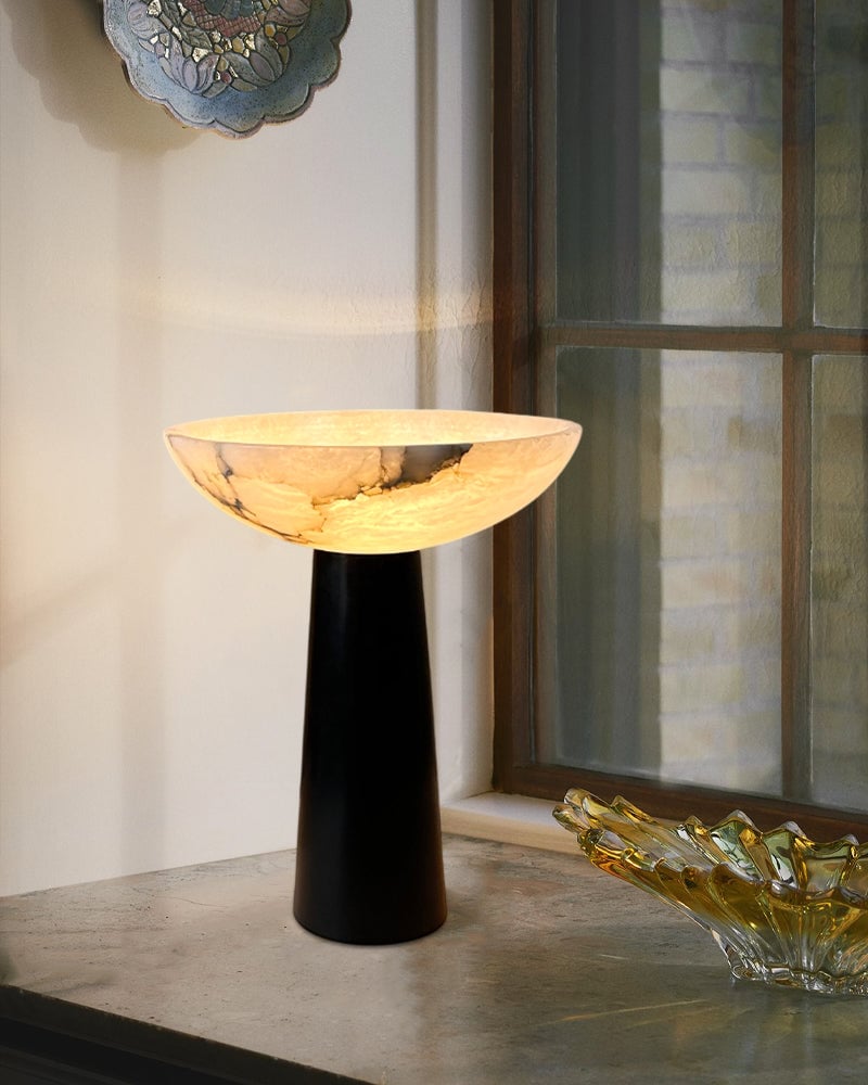LightsStory Series Alabaster Bowl Geometric Table Lamp with a Conical Base, Polished Spanish Stone in Matte Black finish for Bedrooms, Living Rooms, and Entryways Modern Table lamp