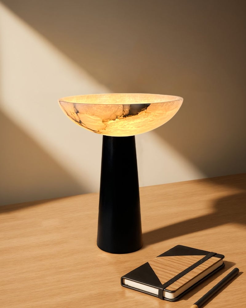 LightsStory Series Alabaster Bowl Geometric Table Lamp with a Conical Base, Polished Spanish Stone in Matte Black finish for Bedrooms, Living Rooms, and Entryways Modern Table lamp