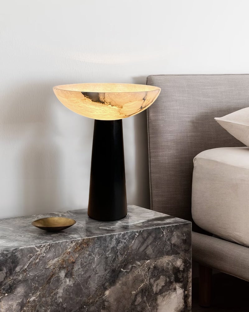 LightsStory Series Alabaster Bowl Geometric Table Lamp with a Conical Base, Polished Spanish Stone in Matte Black finish for Bedrooms, Living Rooms, and Entryways Modern Table lamp