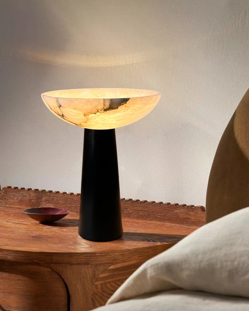 LightsStory Series Alabaster Bowl Geometric Table Lamp with a Conical Base, Polished Spanish Stone in Matte Black finish for Bedrooms, Living Rooms, and Entryways Modern Table lamp