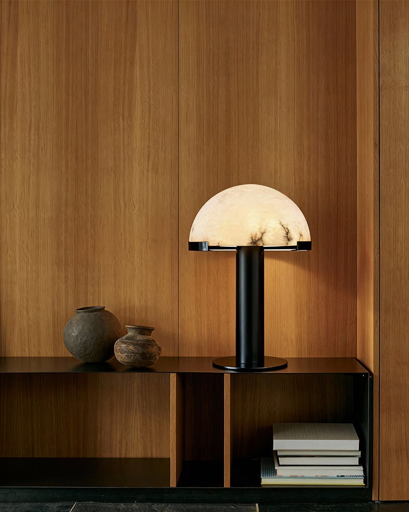 LightsStory Series Geometric Table Lamp | Dome Alabaster Shade Hand-carved natural alabaster with metal base, Burnished Brass or Black finish for Home offices, bedside tables, and workspaces Modern Table lamp