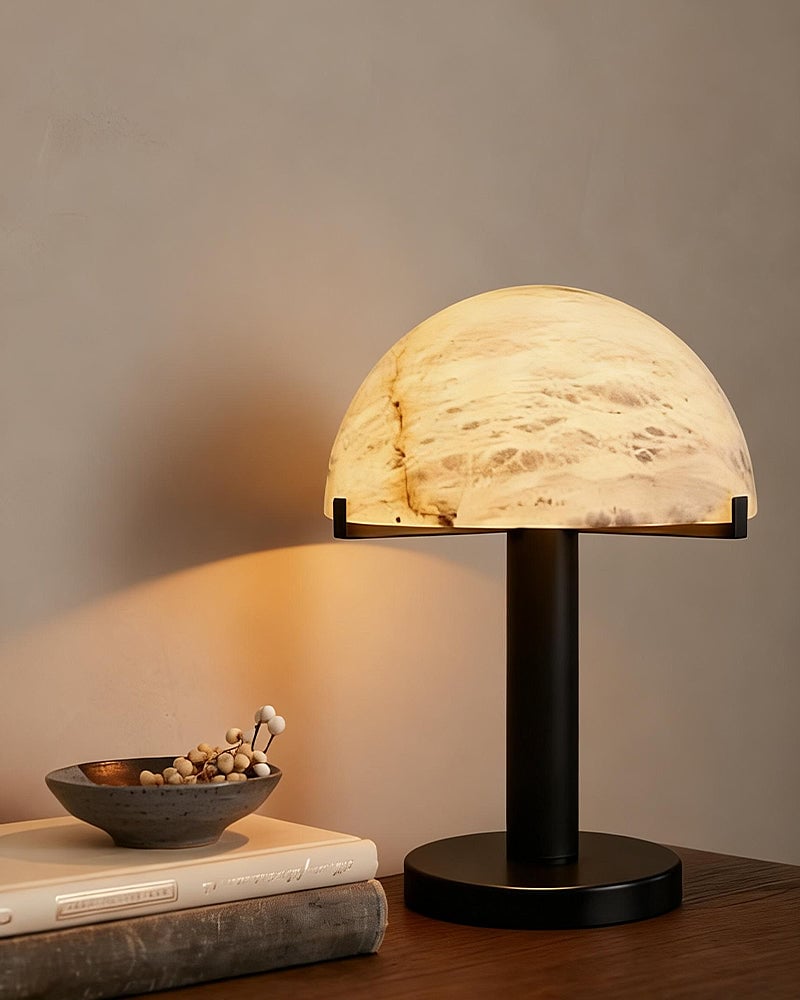 LightsStory Series Geometric Table Lamp | Dome Alabaster Shade Hand-carved natural alabaster with metal base, Burnished Brass or Black finish for Home offices, bedside tables, and workspaces Modern Table lamp