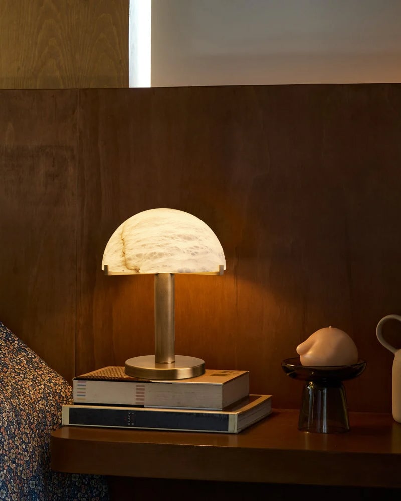 LightsStory Series Geometric Table Lamp | Dome Alabaster Shade Hand-carved natural alabaster with metal base, Burnished Brass or Black finish for Home offices, bedside tables, and workspaces Modern Table lamp