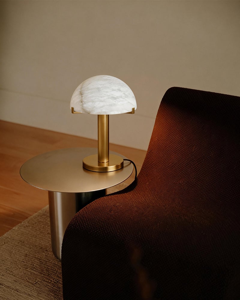 LightsStory Series Geometric Table Lamp | Dome Alabaster Shade Hand-carved natural alabaster with metal base, Burnished Brass or Black finish for Home offices, bedside tables, and workspaces Modern Table lamp