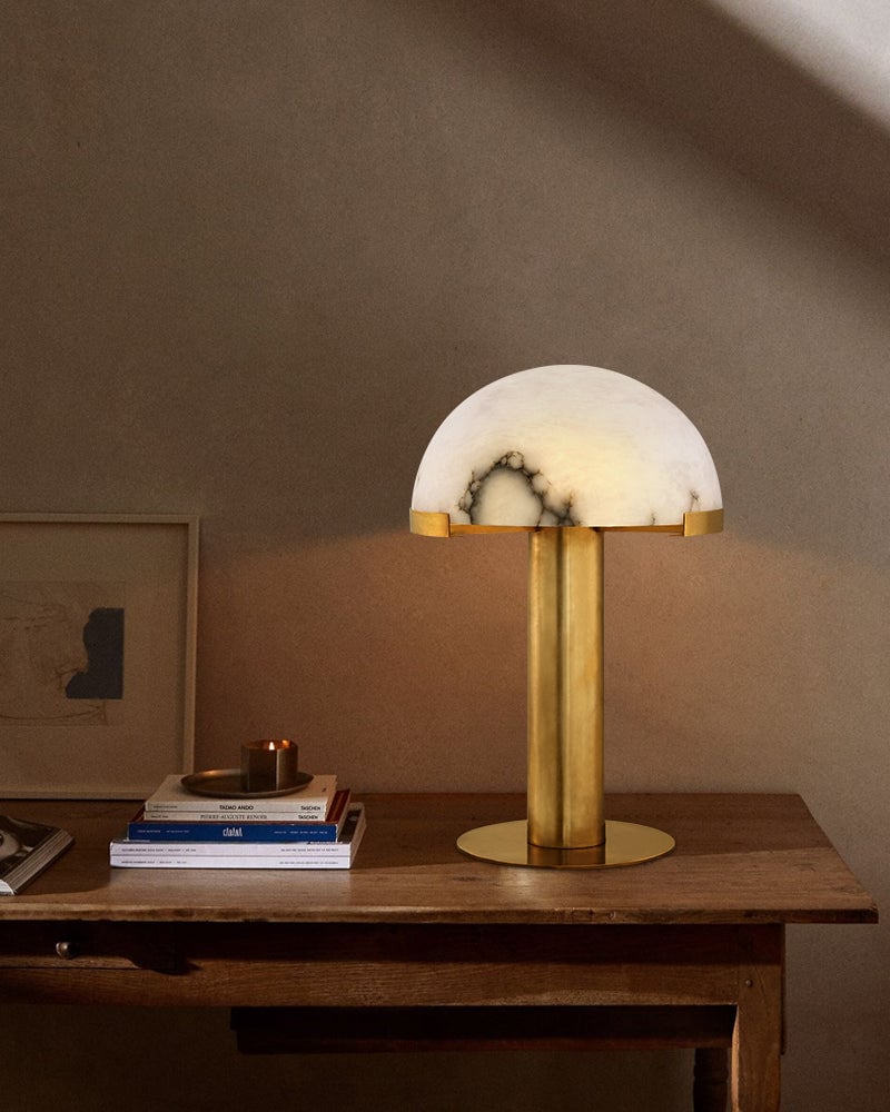 LightsStory Series Geometric Table Lamp | Dome Alabaster Shade Hand-carved natural alabaster with metal base, Burnished Brass or Black finish for Home offices, bedside tables, and workspaces Modern Table lamp