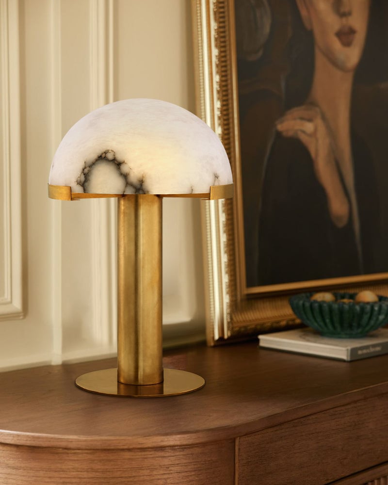 LightsStory Series Geometric Table Lamp | Dome Alabaster Shade Hand-carved natural alabaster with metal base, Burnished Brass or Black finish for Home offices, bedside tables, and workspaces Modern Table lamp