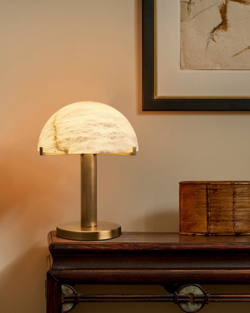 LightsStory Series Geometric Table Lamp | Dome Alabaster Shade Hand-carved natural alabaster with metal base, Burnished Brass or Black finish for Home offices, bedside tables, and workspaces Modern Table lamp
