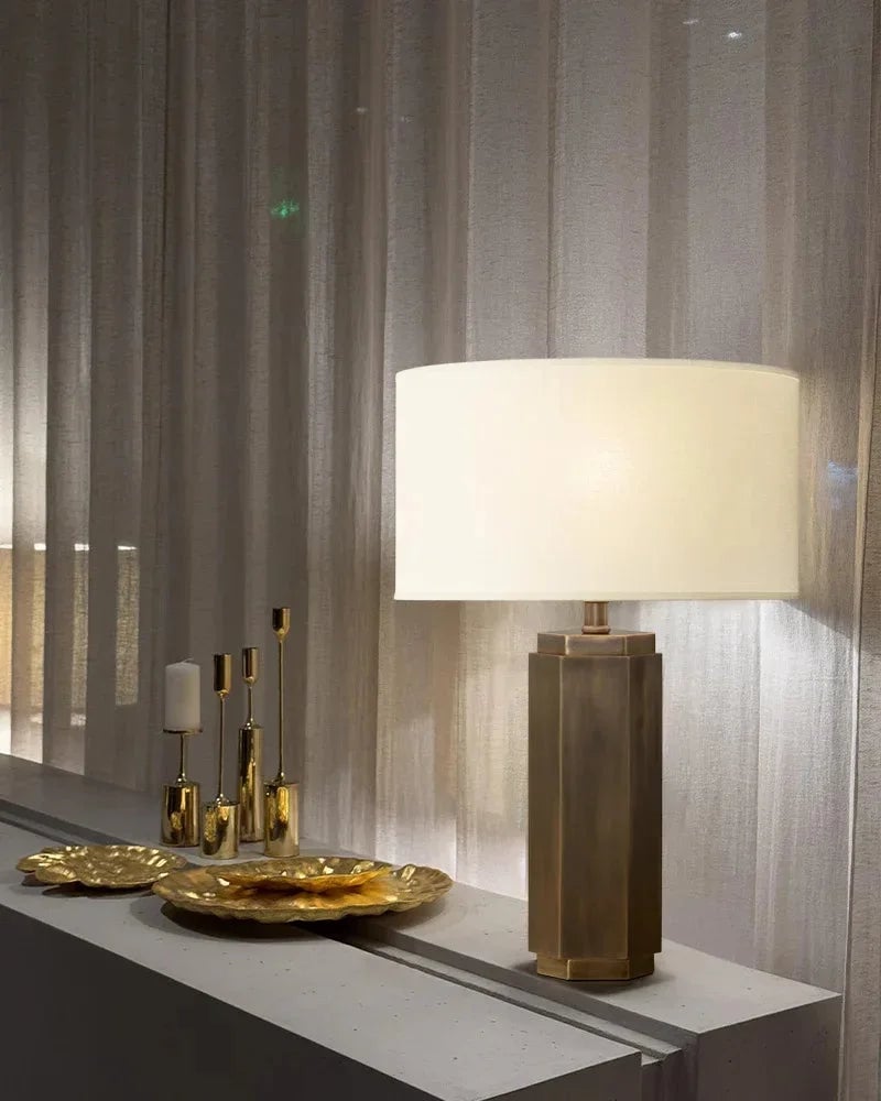 LightsStory Series Geometric Table Lamp | Hexagonal Column Solid Brass and Black Metal with Fabric Linen Lampshade, Matte Black and Polished Brass finish for Modern Home Offices and Bedside Tables Vintage table lamp