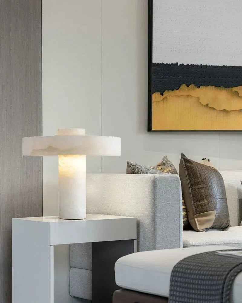 LightsStory Series Geometric Table Lamp | Round Alabaster Shade Natural Alabaster Marble and Polished Copper, Polished Copper finish for Bedside Tables and Living Room Accents Vintage Simple Table Lamp