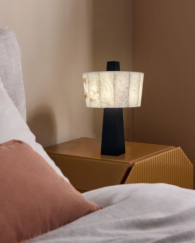 LightsStory Series Geometric Table Lamp | Sculptural Minimalism Hand-carved Spanish Nature Alabaster, Black Stainless Steel finish for Bedside Tables and Living Room Accents Modern Table lamp