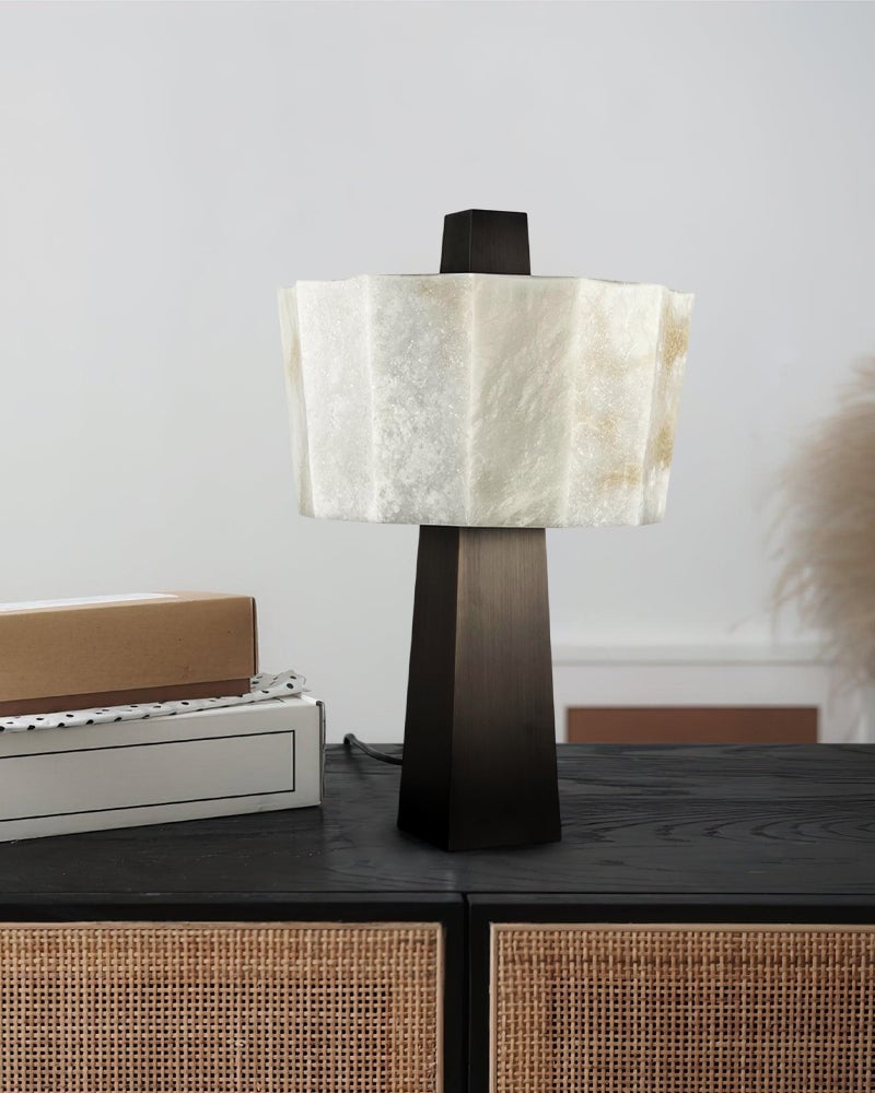 LightsStory Series Geometric Table Lamp | Sculptural Minimalism Hand-carved Spanish Nature Alabaster, Black Stainless Steel finish for Bedside Tables and Living Room Accents Modern Table lamp