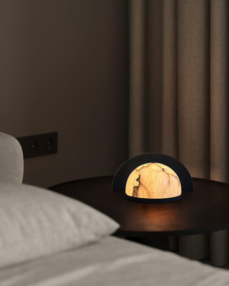 LightsStory Series Alabaster Dome Geometric Table Lamp. Hand-Carved Natural Alabaster Sphere. Matte Black metal finish for Side Tables, Mantels, or Nightstands Modern Table lamp
