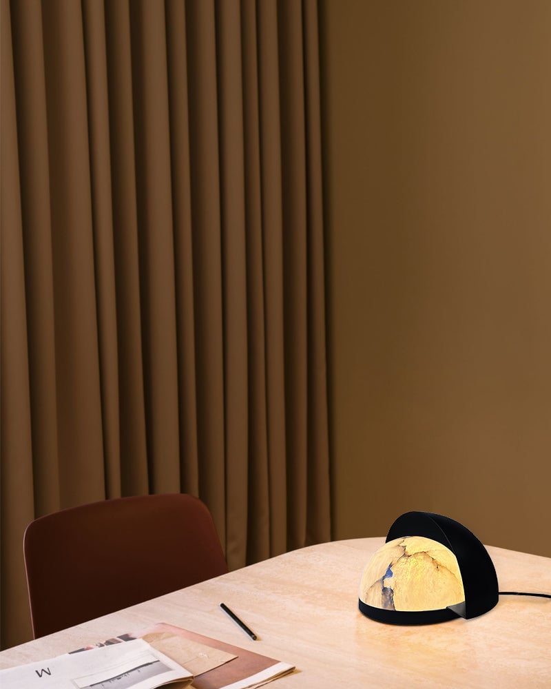 LightsStory Series Alabaster Dome Geometric Table Lamp. Hand-Carved Natural Alabaster Sphere. Matte Black metal finish for Side Tables, Mantels, or Nightstands Modern Table lamp