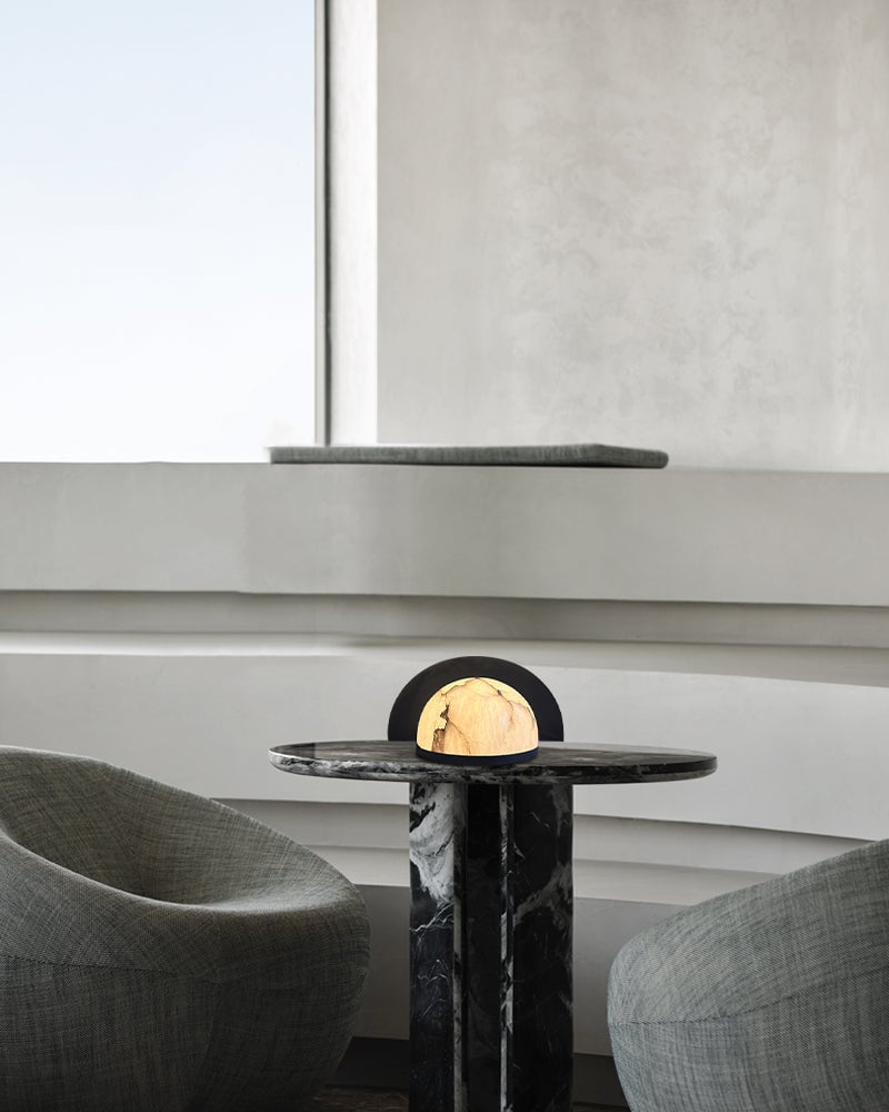 LightsStory Series Alabaster Dome Geometric Table Lamp. Hand-Carved Natural Alabaster Sphere. Matte Black metal finish for Side Tables, Mantels, or Nightstands Modern Table lamp