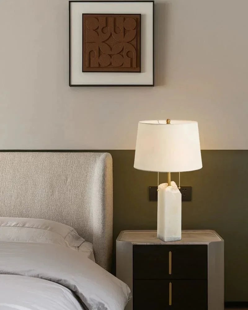 LightsStory Series Geometric Table Lamp | Square Silhouette Raw white alabaster blocks with organic veining, Unpolished stone base with brass accents for Living rooms and bedrooms Modern Table lamp