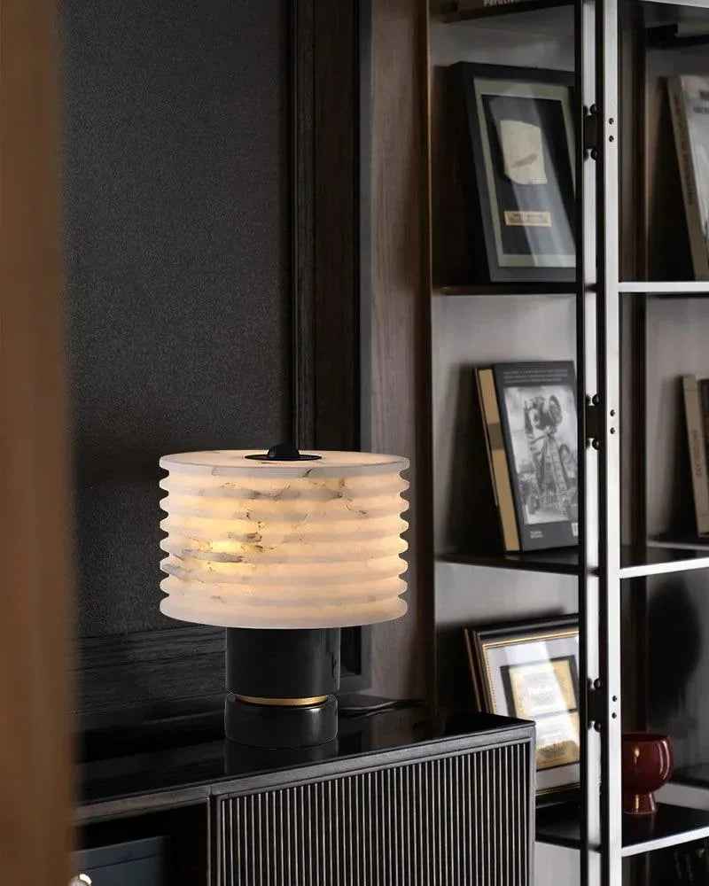 LightsStory Series Geometric Table Lamp | Symmetrical Cloud Stone Hand-Carved Cloud Stone Alabaster, Rustic-Modern Matte Finish for Nightstands, Shelves, and Consoles Vintage Simple Table Lamp