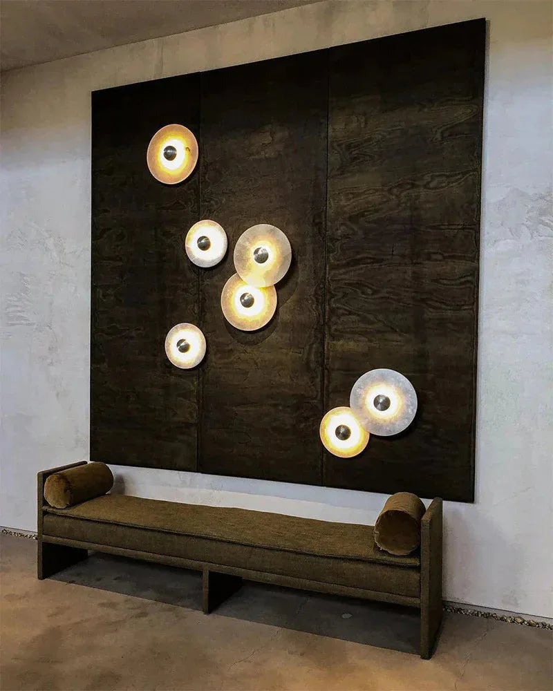 LightsStory Series Geometric Wall Lamp | Round Alabaster Natural veined alabaster planes and polished fluted brass, Polished fluted brass finish for Sophisticated living spaces and bedside accents Modern Art Design Wall Lamp