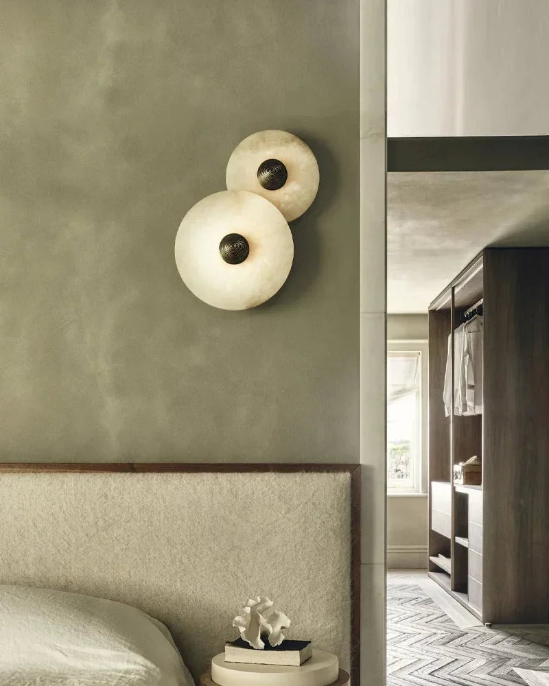 LightsStory Series Geometric Wall Lamp | Round Alabaster Natural veined alabaster planes and polished fluted brass, Polished fluted brass finish for Sophisticated living spaces and bedside accents Modern Art Design Wall Lamp