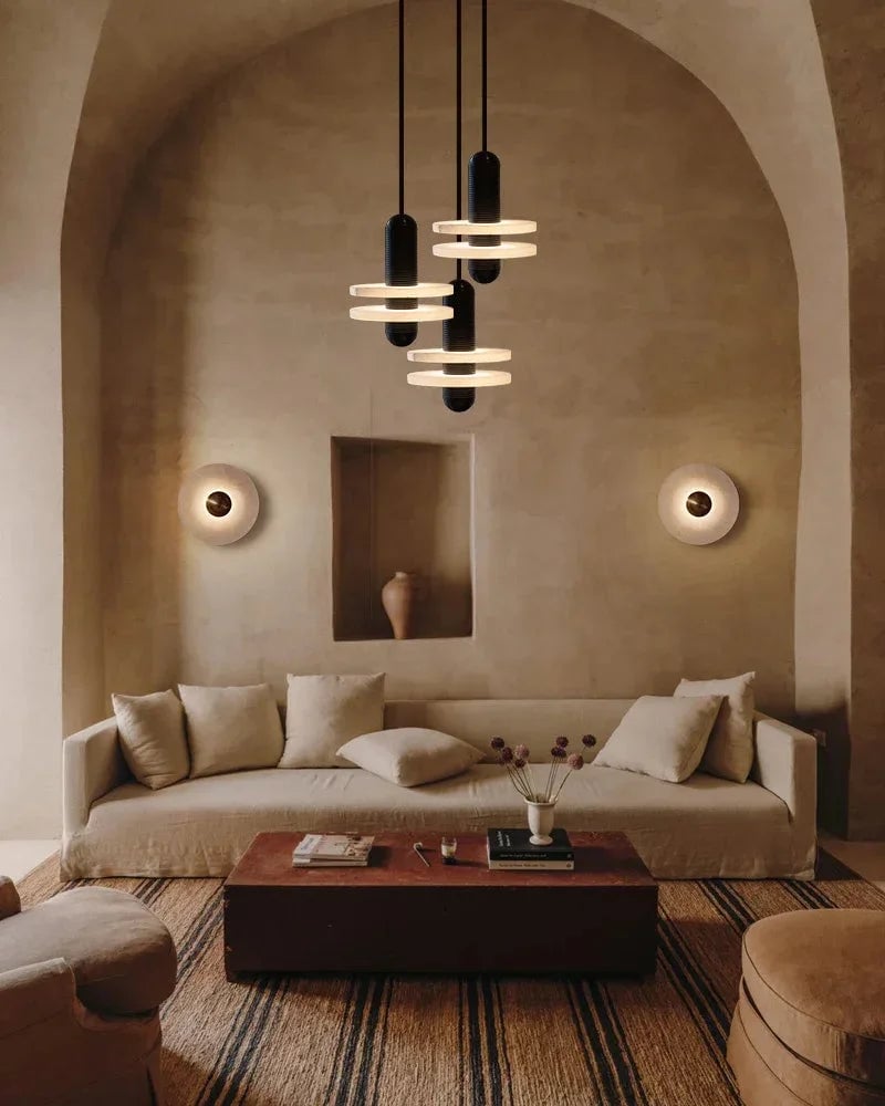 LightsStory Series Geometric Wall Lamp | Round Alabaster Natural veined alabaster planes and polished fluted brass, Polished fluted brass finish for Sophisticated living spaces and bedside accents Modern Art Design Wall Lamp