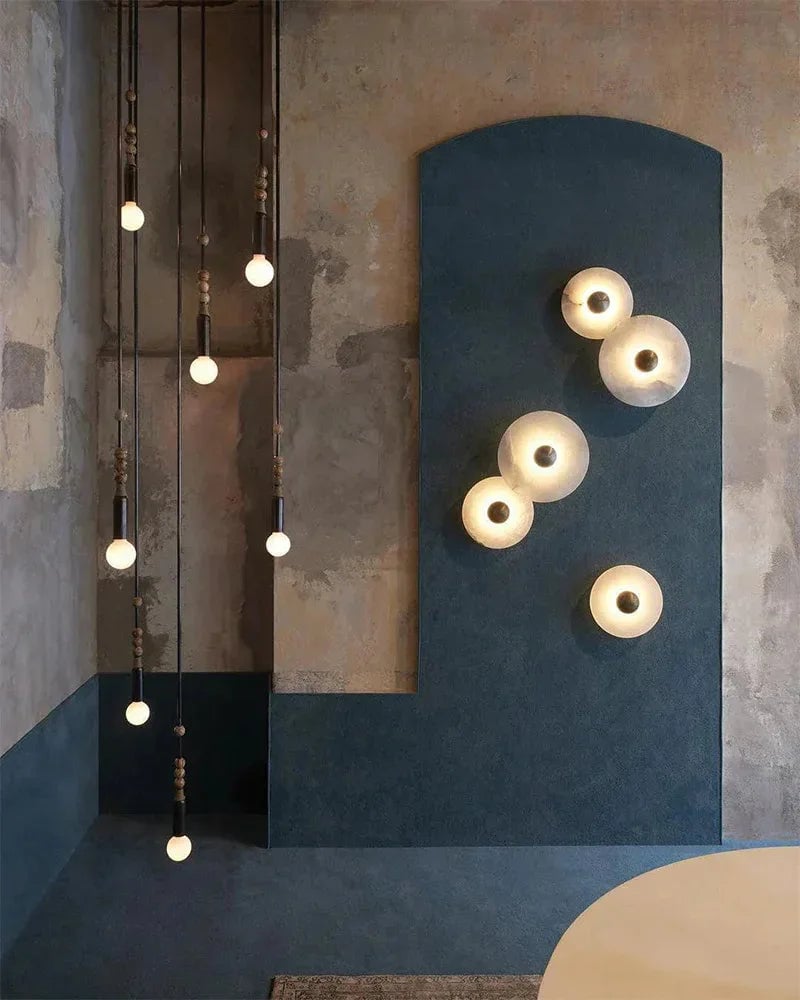 LightsStory Series Geometric Wall Lamp | Round Alabaster Natural veined alabaster planes and polished fluted brass, Polished fluted brass finish for Sophisticated living spaces and bedside accents Modern Art Design Wall Lamp